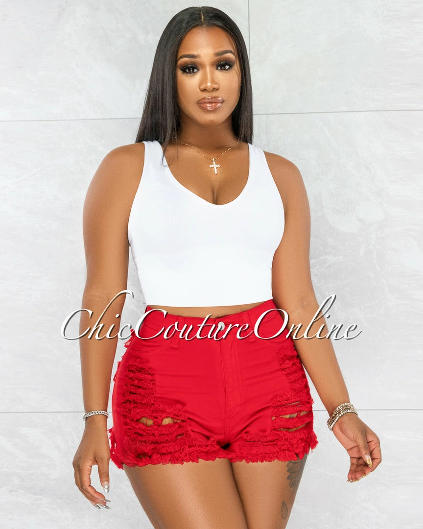 Vendor-unknown Pamelah Red Denim Distressed Shorts JUST IN