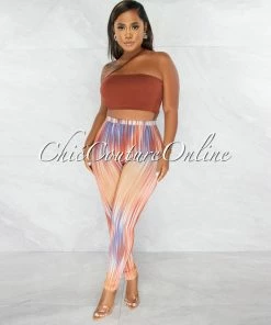 Chic Couture Online Grant Brown Crop Top & Brown Stripes Leggings Set