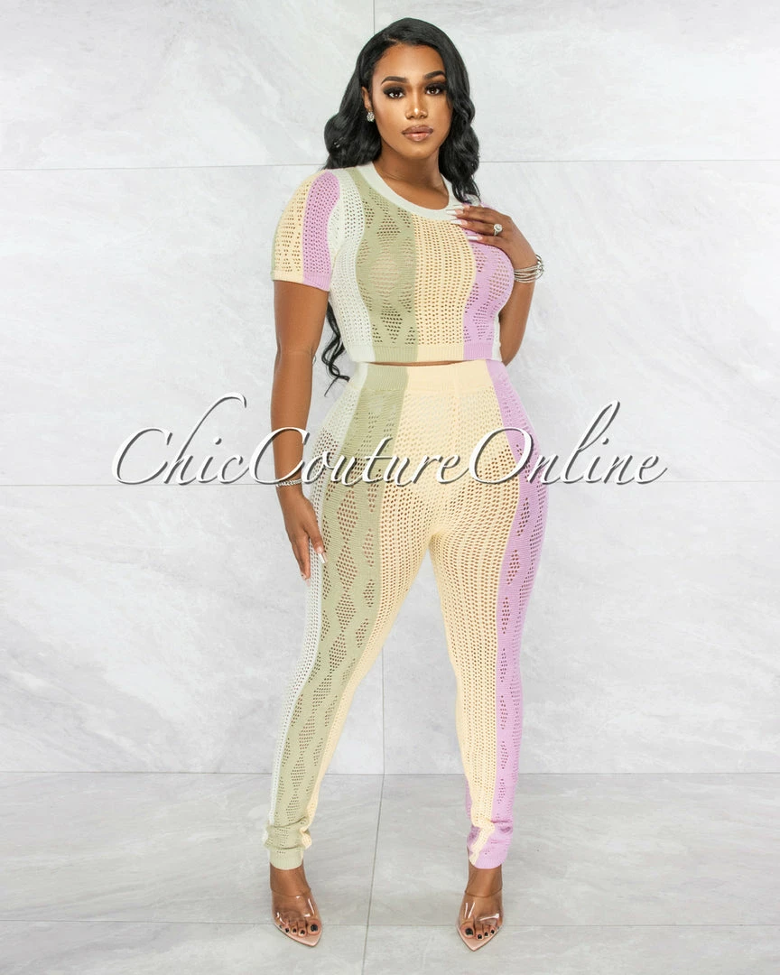 Vendor-unknown JUST IN Bailey Purple Pastel Tones Stripes Knit Joggers Set