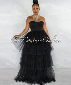 Chic Couture Online Dempsey Black Padded Cups Tulle Tiered Bodysuit Maxi Dress
