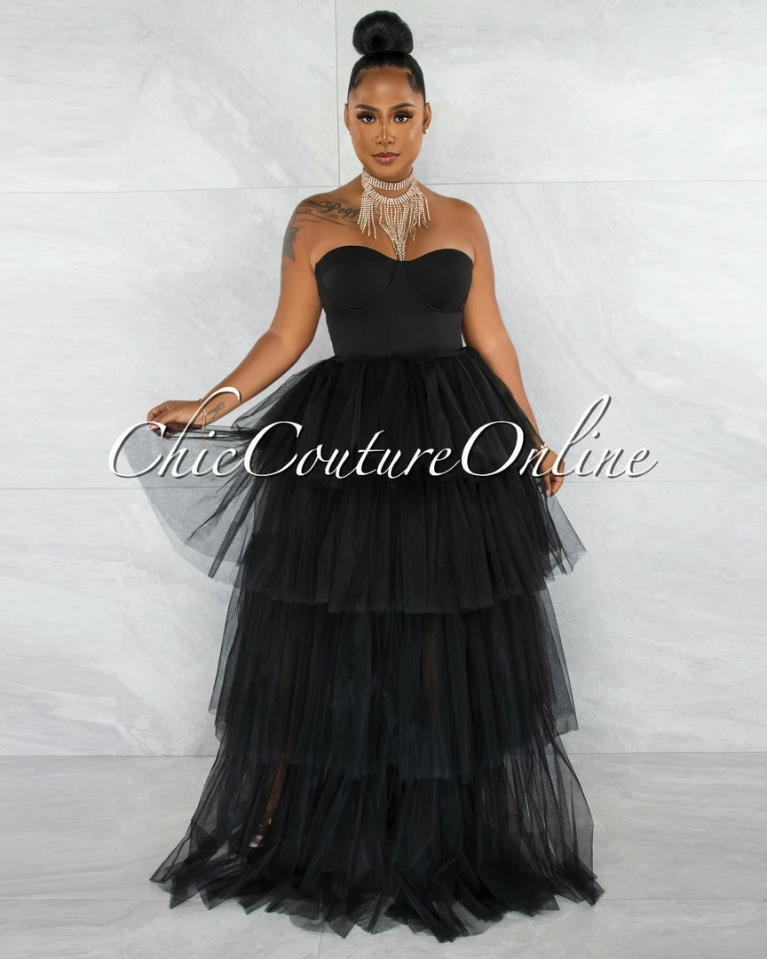 Chic Couture Online Dempsey Black Padded Cups Tulle Tiered Bodysuit Maxi Dress
