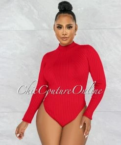 Vendor-unknown JUST IN Wisteria Red Ribbed Long Sleeves Bodysuit