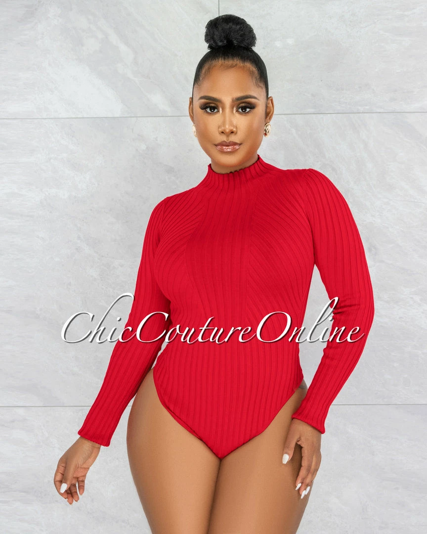 Vendor-unknown JUST IN Wisteria Red Ribbed Long Sleeves Bodysuit