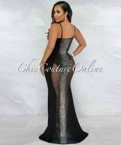 Vendor-unknown Bascose Black Mesh Rhinestones Maxi Dress JUST IN