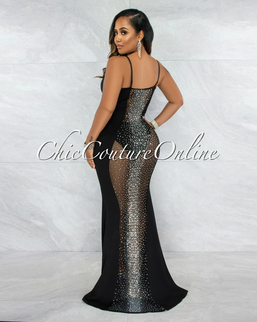 Vendor-unknown Bascose Black Mesh Rhinestones Maxi Dress JUST IN