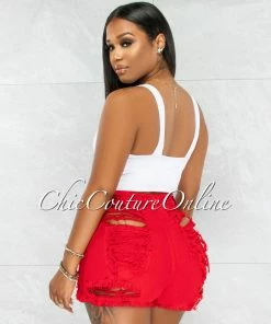 Vendor-unknown Pamelah Red Denim Distressed Shorts JUST IN