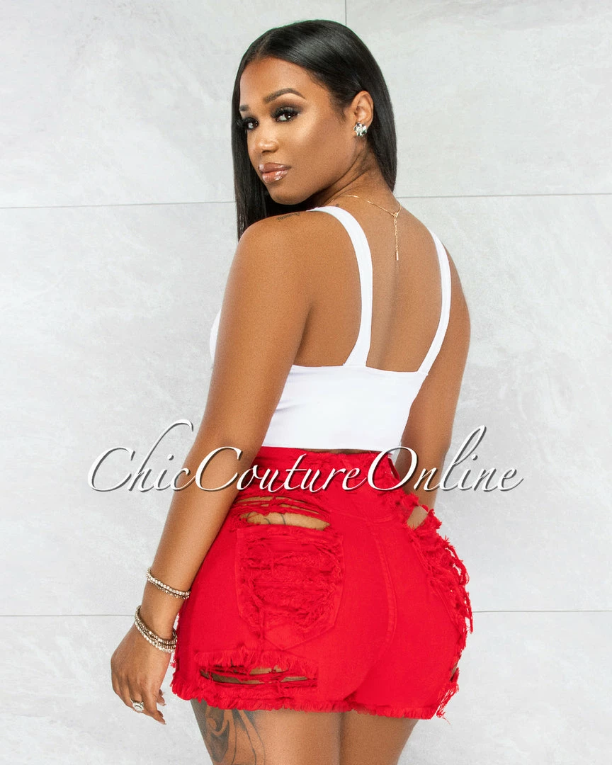 Vendor-unknown Pamelah Red Denim Distressed Shorts JUST IN