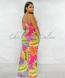 Chic Couture Online Obely Tropical Palm Print Front Tie Wide Legs Jumpsuit JUST IN