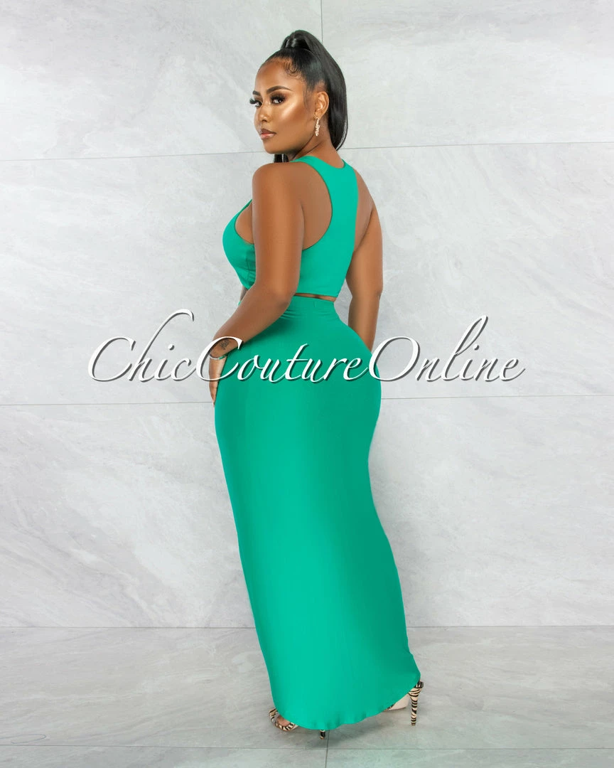Chic Couture Online Klein Emerald Crop Racer Top & Draped Slit Maxi Skirt Set JUST IN
