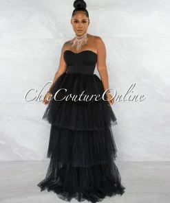 Chic Couture Online Dempsey Black Padded Cups Tulle Tiered Bodysuit Maxi Dress