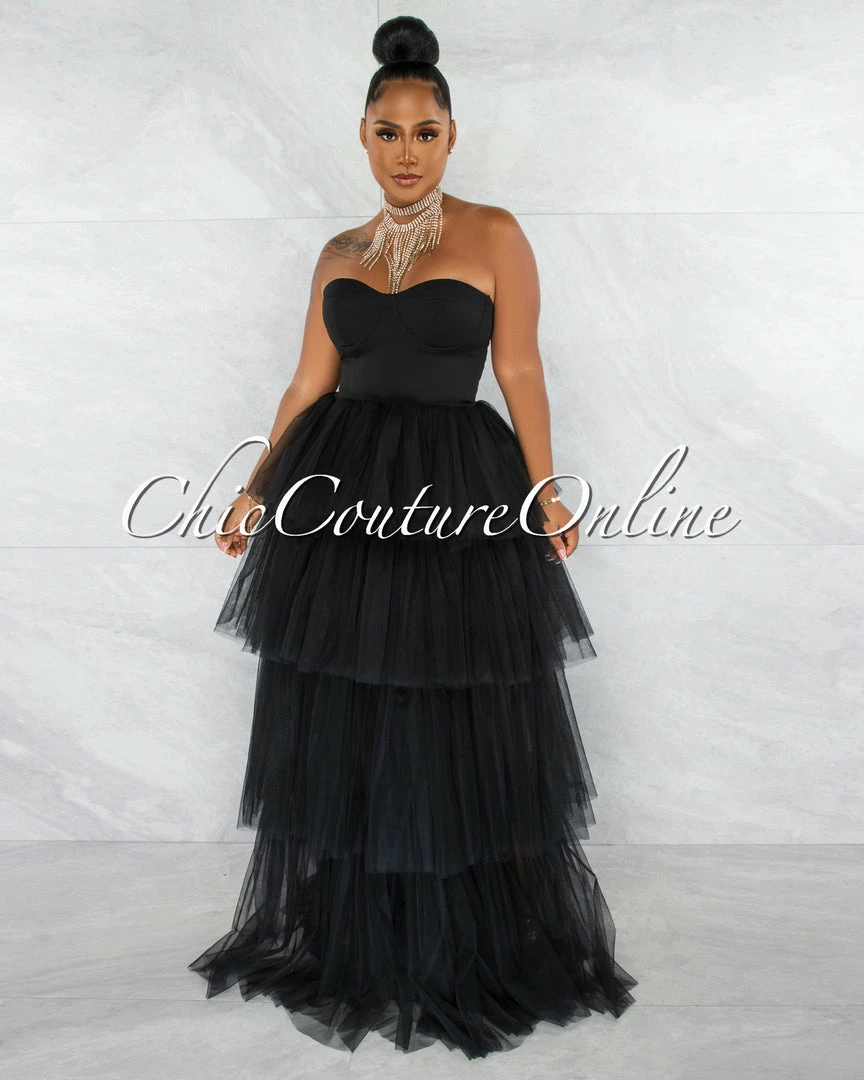 Chic Couture Online Dempsey Black Padded Cups Tulle Tiered Bodysuit Maxi Dress