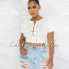 Chic Couture Online Malowa Off-White Rhinestones Lace-Up Ribbed Crop Top