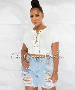 Chic Couture Online Malowa Off-White Rhinestones Lace-Up Ribbed Crop Top