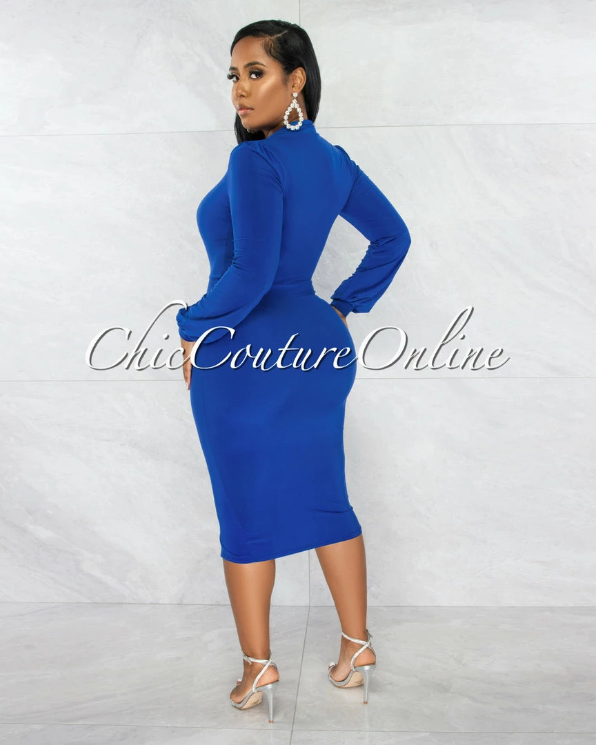 Chic Couture Online Dager Blue Deep-V Draped Front Slit Midi Dress