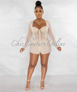 Chic Couture Online Priyah Nude Long Peplum Mesh Top & Shorts Set