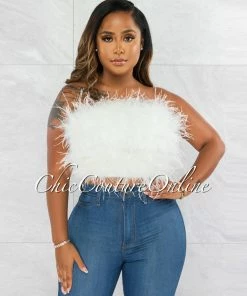 Chic Couture Online JUST IN Lara Off-White Feather Crop Top