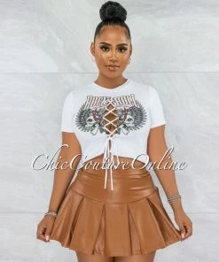 Vendor-unknown JUST IN Jearl Caramel Faux Leather Pleated Mini Skort
