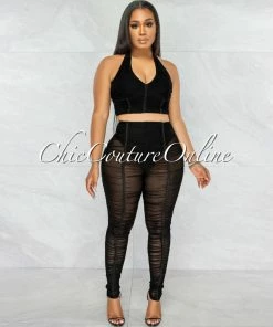 Vendor-unknown Jonelle Black Halter Top & Ruched Leggings Mesh Set
