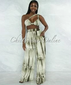 Vendor-unknown Hiliana Olive Green Tie-Dye Torn Top & Wide Legs Pants Set JUST IN