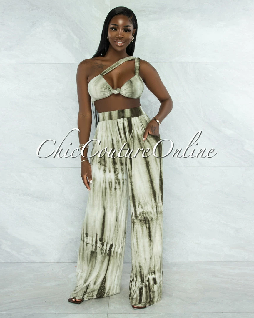 Vendor-unknown Hiliana Olive Green Tie-Dye Torn Top & Wide Legs Pants Set JUST IN