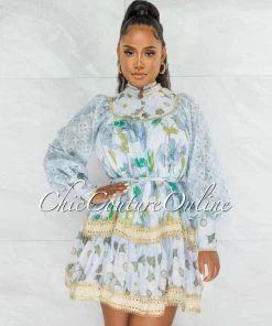 Chic Couture Online Dorena Sage Floral Print Gold Details Skater Dress