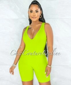 Vendor-unknown Golan Apple Green Ribbed V-Neck Romper JUST IN