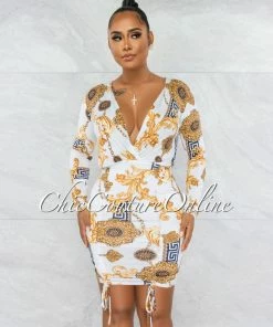 Vendor-unknown Lazcano White Black Gold Ruched Side Dress JUST IN