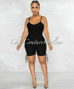 Vendor-unknown Larmine Black Ribbed Lace-Up Sides Romper JUST IN