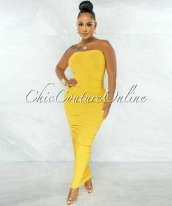 Chic Couture Online Nancy Yellow Ruched Strapless Maxi Dress JUST IN