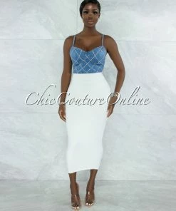 Vendor-unknown Carola Light Blue Denim Rhinestones Lattice Crop Top JUST IN