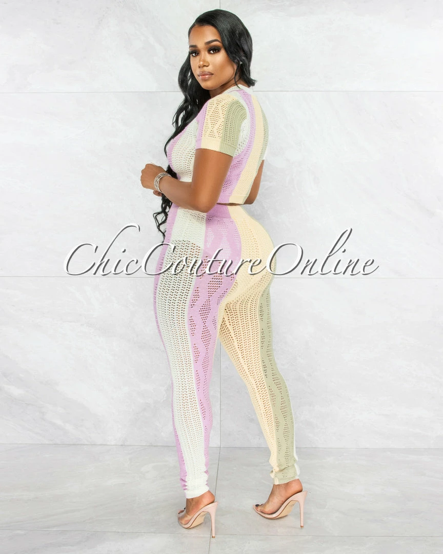Vendor-unknown JUST IN Bailey Purple Pastel Tones Stripes Knit Joggers Set