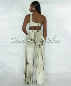 Vendor-unknown Hiliana Olive Green Tie-Dye Torn Top & Wide Legs Pants Set JUST IN