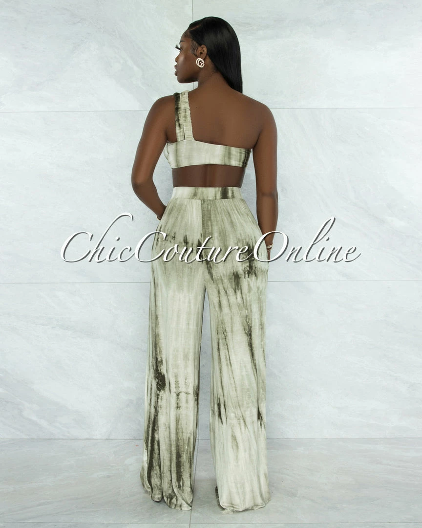 Vendor-unknown Hiliana Olive Green Tie-Dye Torn Top & Wide Legs Pants Set JUST IN
