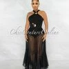 Vendor-unknown JUST IN Mariposa Black Gold Accent Net Maxi Bodysuit Dress
