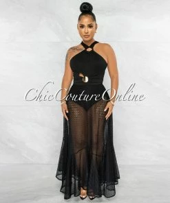 Vendor-unknown JUST IN Mariposa Black Gold Accent Net Maxi Bodysuit Dress