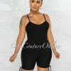 Vendor-unknown Larmine Black Ribbed Lace-Up Sides Romper JUST IN