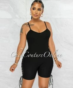 Vendor-unknown Larmine Black Ribbed Lace-Up Sides Romper JUST IN