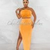Chic Couture Online Lucille Orange Ruched Silver Accent Top & Maxi Slit Skirt Set JUST IN