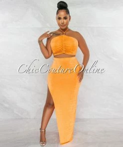 Chic Couture Online Lucille Orange Ruched Silver Accent Top & Maxi Slit Skirt Set JUST IN