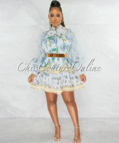 Chic Couture Online Dorena Sage Floral Print Gold Details Skater Dress