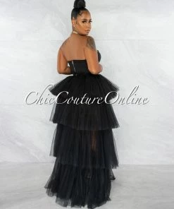 Chic Couture Online Dempsey Black Padded Cups Tulle Tiered Bodysuit Maxi Dress