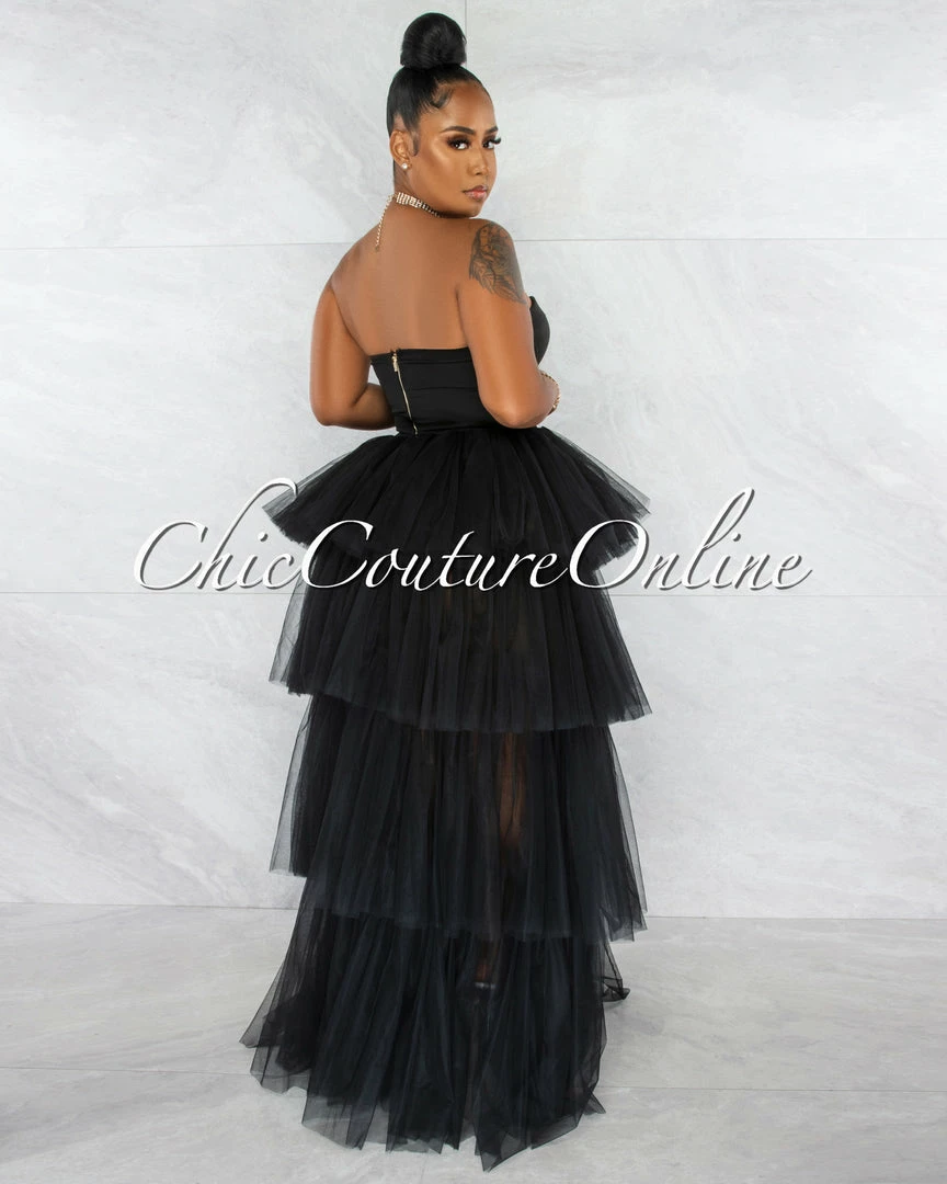 Chic Couture Online Dempsey Black Padded Cups Tulle Tiered Bodysuit Maxi Dress