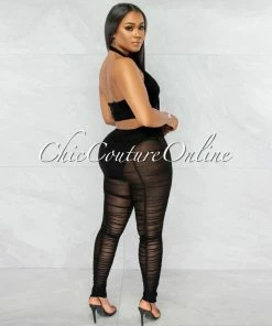 Vendor-unknown Jonelle Black Halter Top & Ruched Leggings Mesh Set