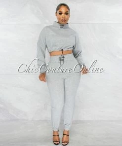 Chic Couture Online Balboa Gray Crop Sweater & Jogger Two Piece Set