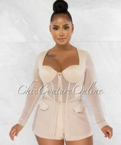 Chic Couture Online Priyah Nude Long Peplum Mesh Top & Shorts Set