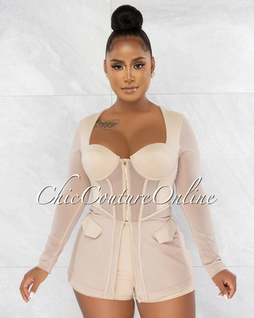 Chic Couture Online Priyah Nude Long Peplum Mesh Top & Shorts Set