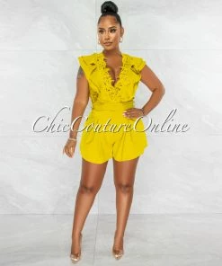 Chic Couture Online Hayley Lime Crochet Lace Ruffle Flutter Romper