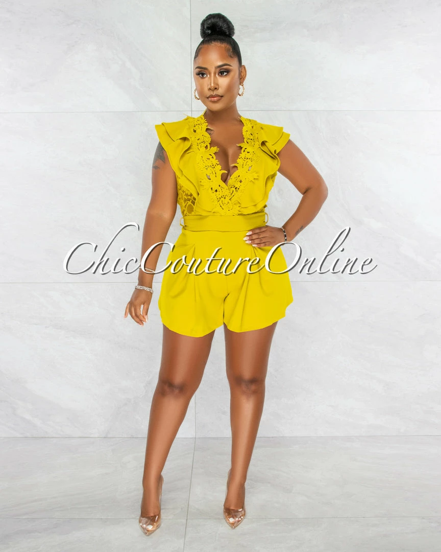 Chic Couture Online Hayley Lime Crochet Lace Ruffle Flutter Romper