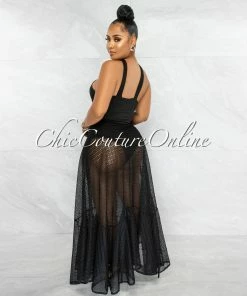 Vendor-unknown JUST IN Mariposa Black Gold Accent Net Maxi Bodysuit Dress