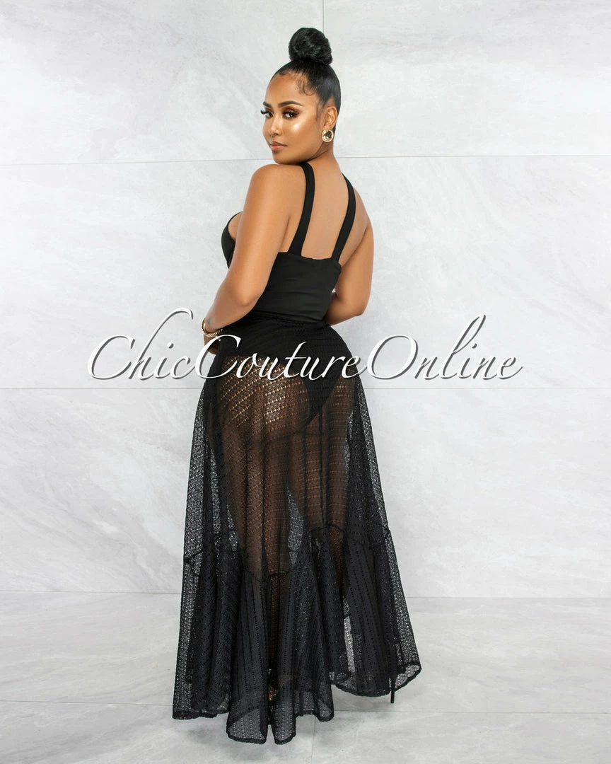 Vendor-unknown JUST IN Mariposa Black Gold Accent Net Maxi Bodysuit Dress